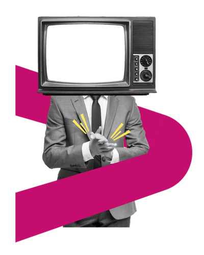 Hombre de traje con cabeza de televisor, aplaudiendo. Detrás hay una figura rosa brillante.