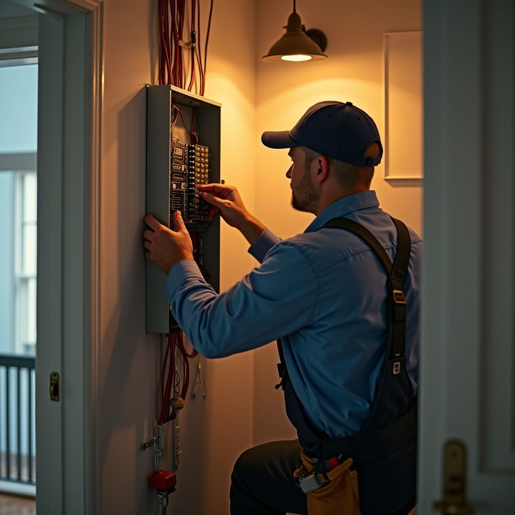 Electrician working on a circuit breaker panel, indoors. Wires and tools are visible.