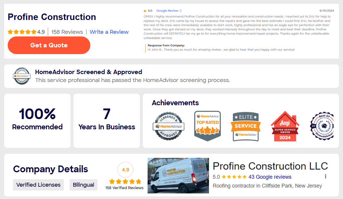 Profine Construction Reputation Strip - Proven Reviews from Real Local Customers Over 7 Years