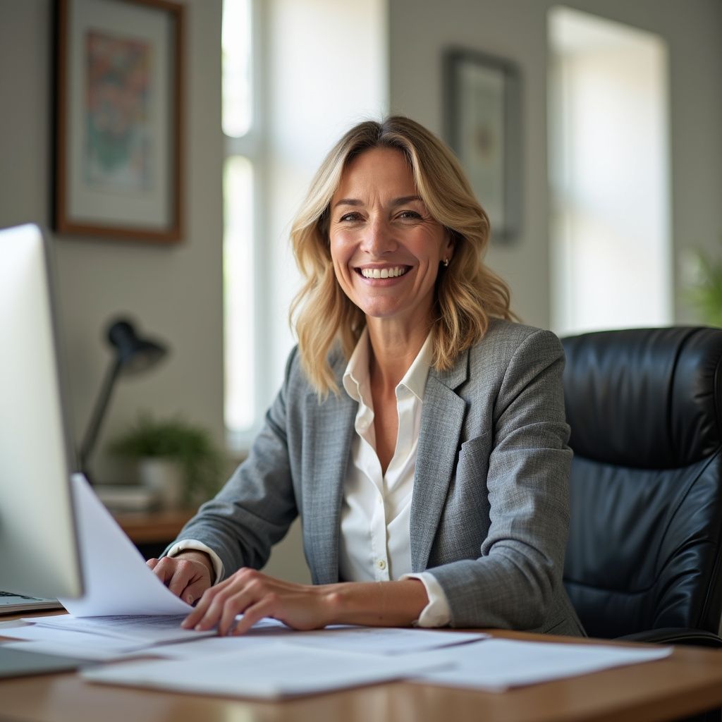 Woman in gray blazer smiling, sitting at desk with papers, in office setting.