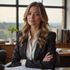 Woman in blazer with arms crossed, sitting at desk in office setting.