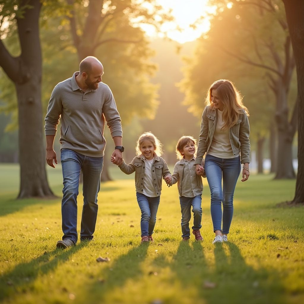 Family of four walking through a sunny park holding hands.