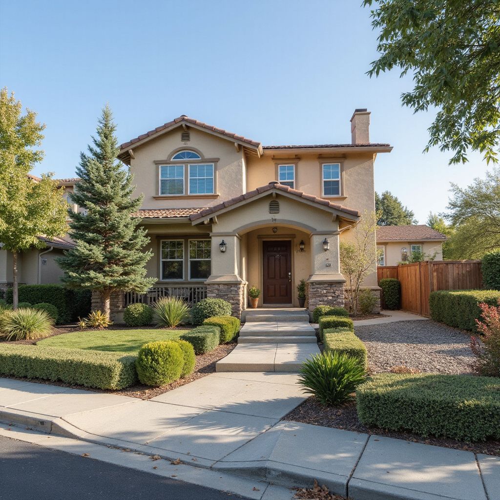 Two-story beige house with a stone and wood porch. Manicured lawn, shrubs, and trees. Sunny day.