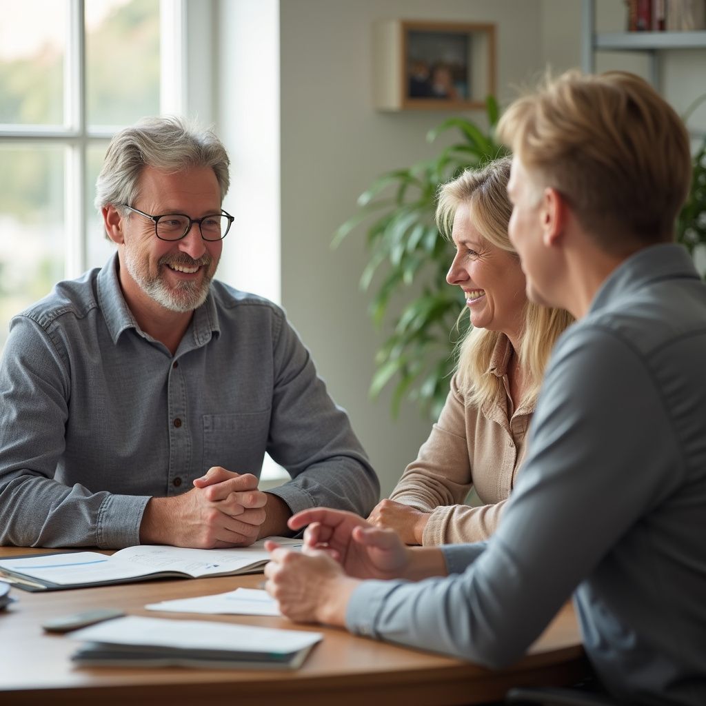 Three people in discussion at a table; man with glasses smiling, two others listening.