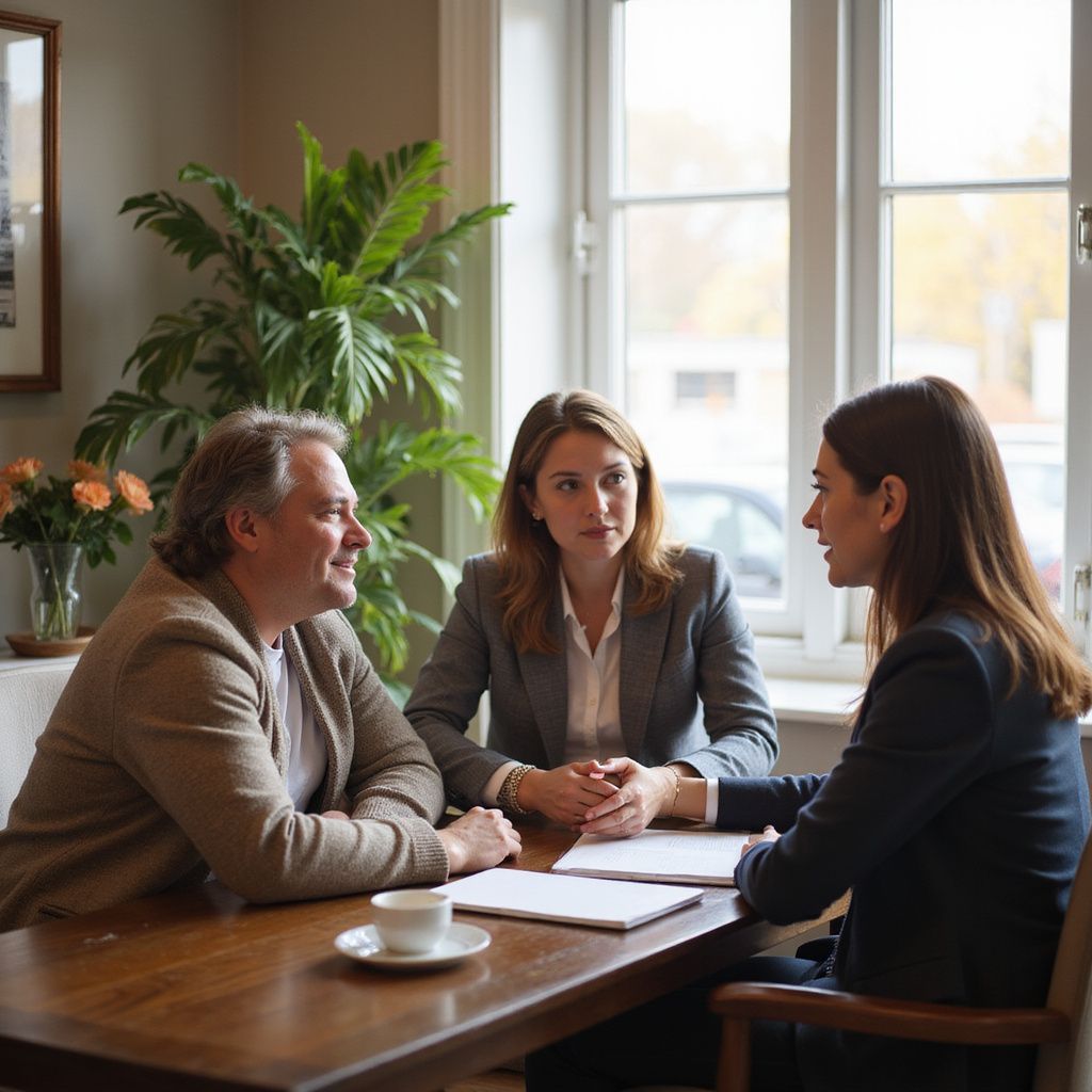 Three people at a table, two women and one man, discussing documents. Window and plants in background.