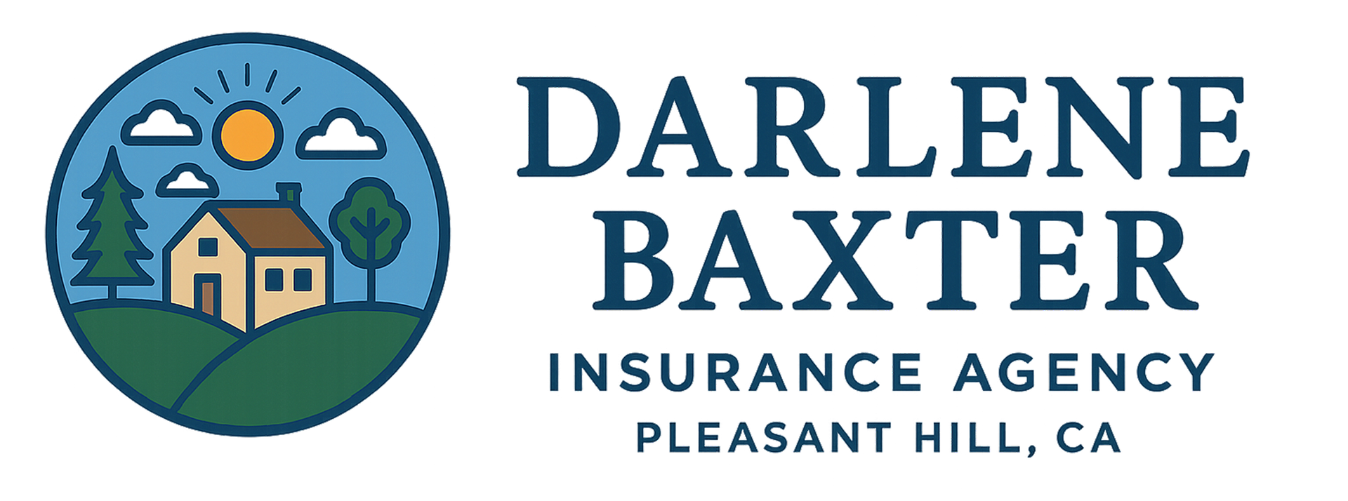 Logo for Darlene Baxter Insurance Agency, Pleasant Hill, CA. Includes a house, sun, trees, and clouds in a circle.