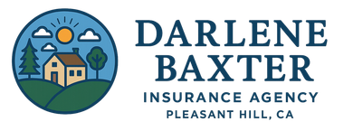 Logo for Darlene Baxter Insurance Agency, Pleasant Hill, CA. Includes a house, sun, trees, and clouds in a circle.