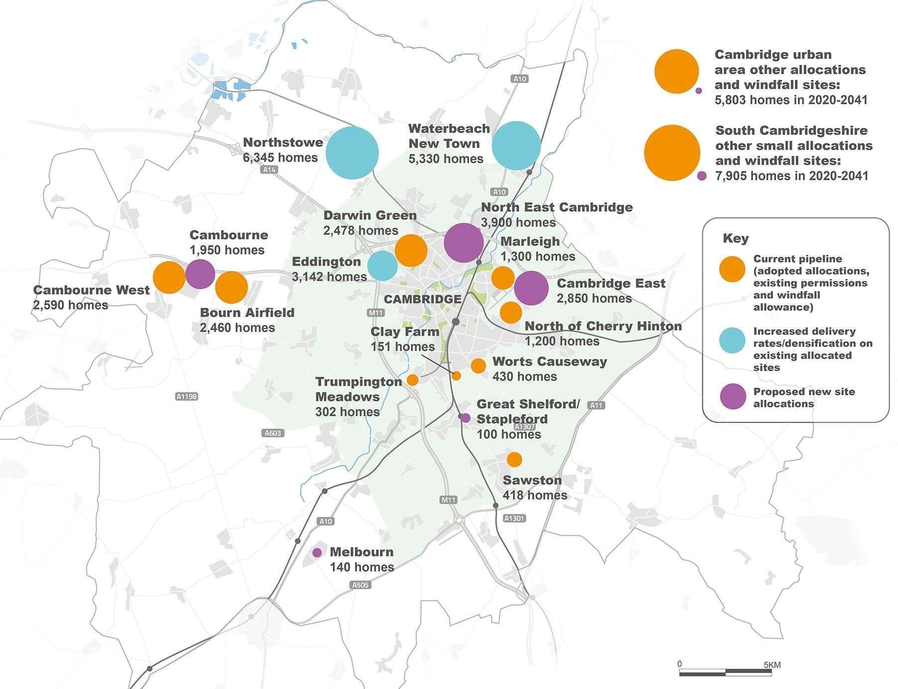 map of new build housing developments in Cambridge including Darwin Green Marleigh Park and Northstowe