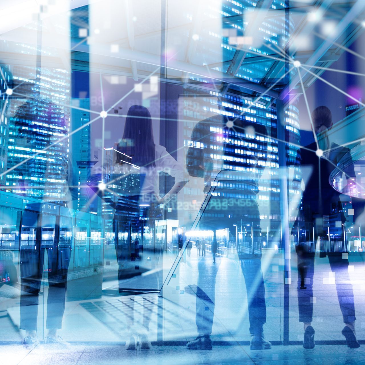Silhouettes of people in a modern office, overlaid with digital network graphics. Blue and white tones.