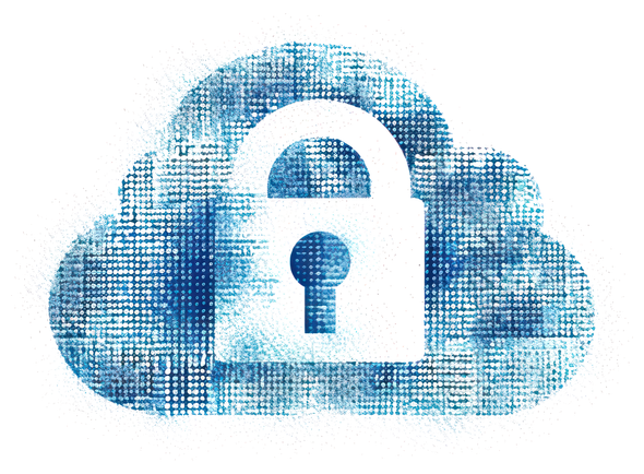 Blue cloud with a white padlock, symbolizing secure cloud data storage.