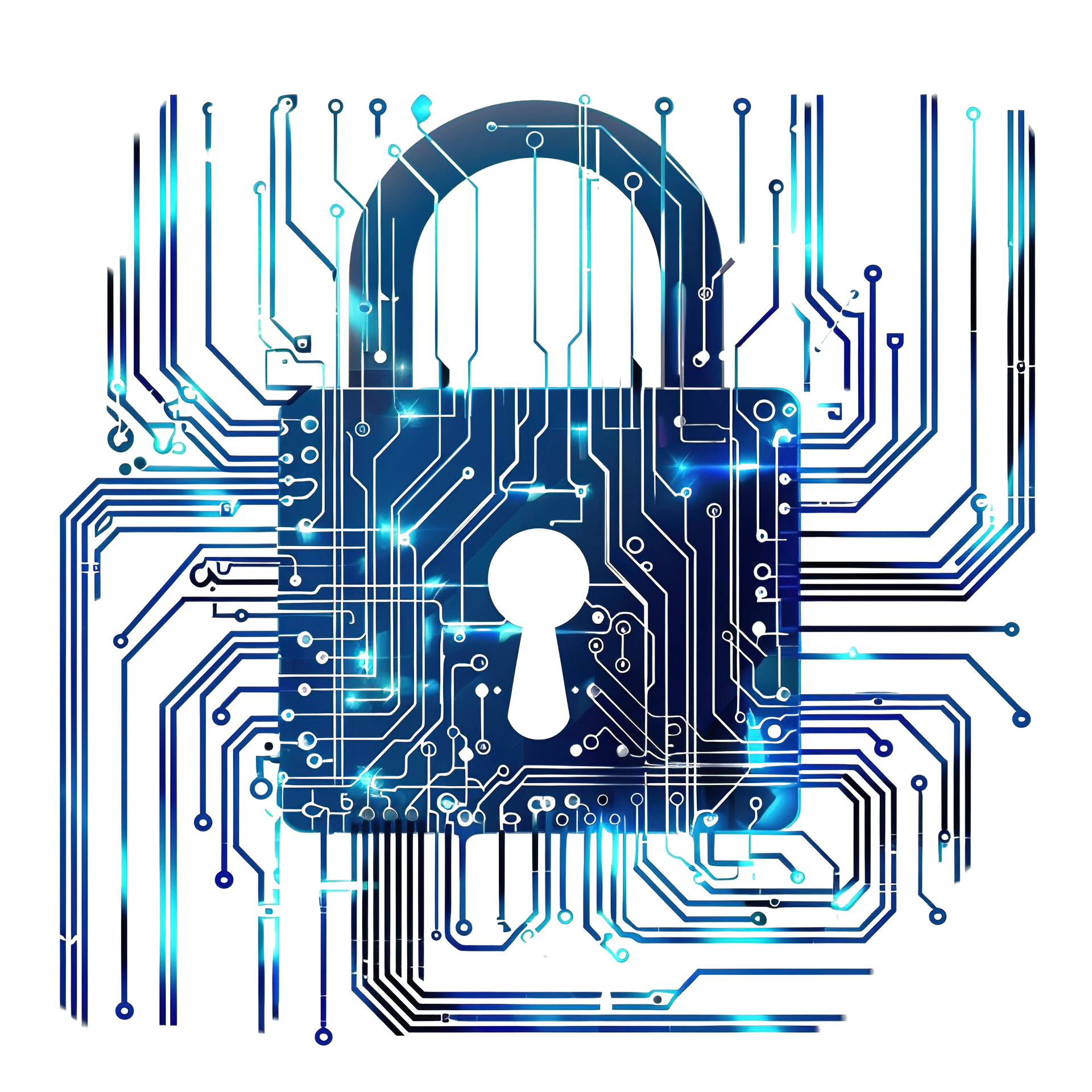 Blue circuit board with a padlock overlay; cybersecurity concept.