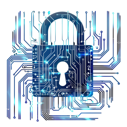 Blue circuit board with a padlock overlay; cybersecurity concept.