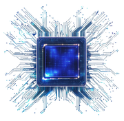 Glowing blue CPU chip with intricate circuit board pattern radiating outward.