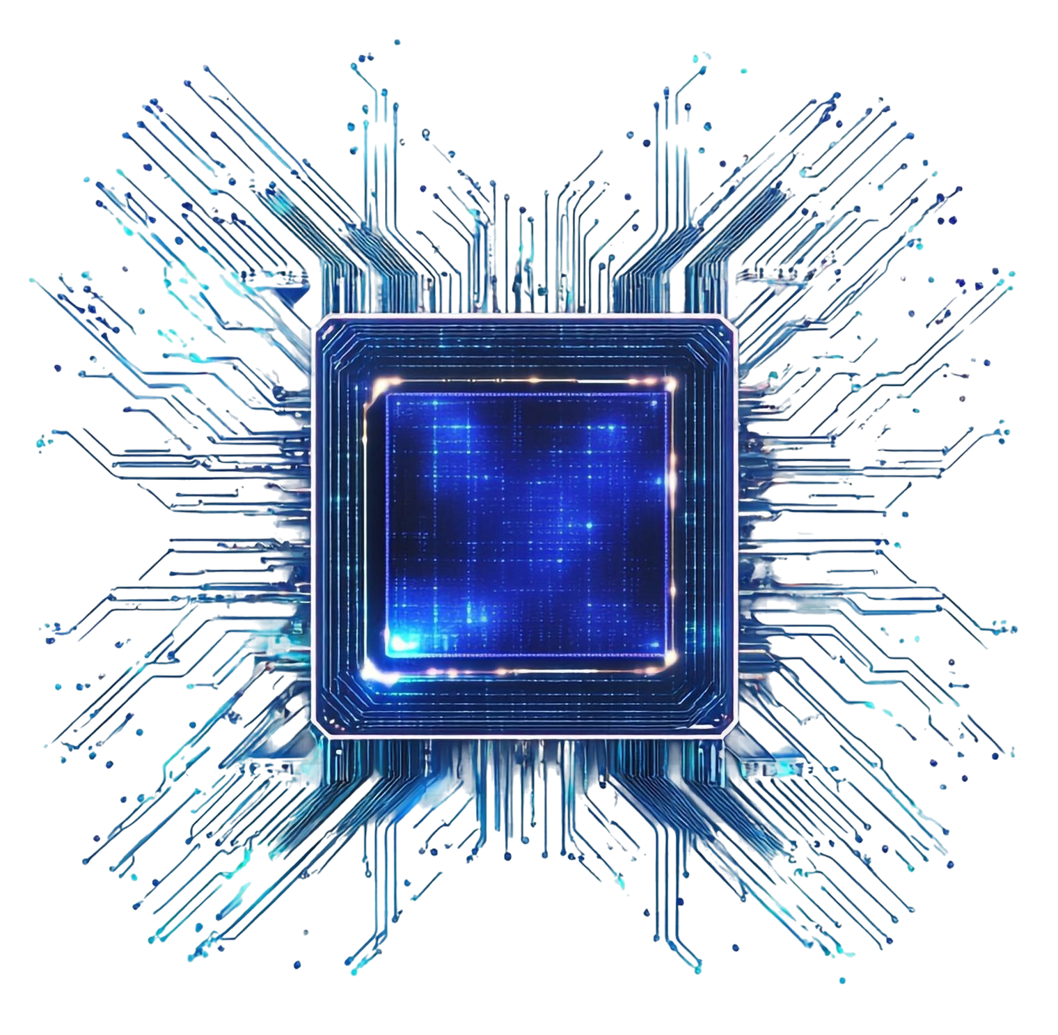 Glowing blue CPU chip with intricate circuit board pattern radiating outward.