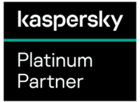Kaspersky Platinum Partner logo: white text on black background, teal line, 