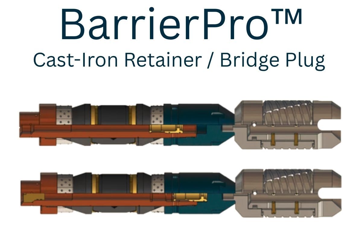 Diagram of a BarrierPro cast-iron retainer/bridge plug; detailed cross-section, highlighting components with color-coding.