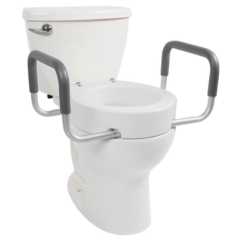 Raised Toilet Seat eases difficulty of standing up and sitting down on toilet, lock with “worm screw” and rubber padded plate for an easy, safe, and secure fit, adds 4.5” to the height of toilet seat, lightweight and portable.