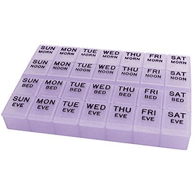 The Mediplanner® is a helpful method for holding and organizing your pills or vitamins to help manage a weekly four time-per-day medication regiment, the 4 compartment design and easy snap lids securely hold pills and keep them safe within a drawer.