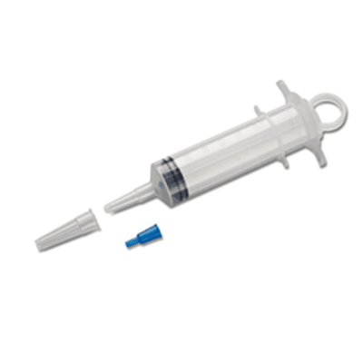 Sterile disposable syringe with thumb ring, designed to minimize hand slippage and prevent contamination, large and easy-to-read graduations.