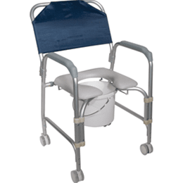 Portable shower chair, padded seat, Aluminum frame, Rust resistant swivel casters,