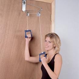 Helps increase range of arm mobility while stimulating muscles, fits over standard door, can be used sitting or standing.