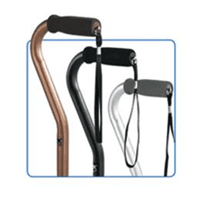 Offset Cane, a soft cushioned handle with wrist strap to improve comfort and grip, the hand rests directly over the shaft of the cane providing additional balance.