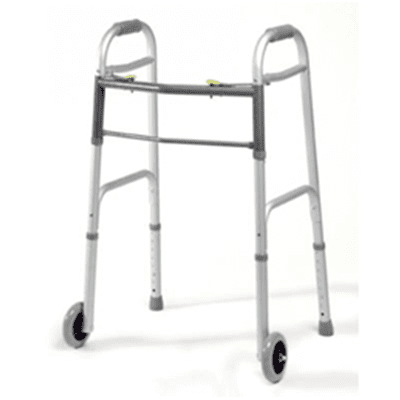 Adult walker w/wheels, can facilitate over-toileting position, adjustable height, and easily folds.