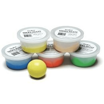 Non-hardening silicone putty recommended for strengthening finger, hand and forearm muscles, available in soft, soft-medium, medium-firm and firm. each density is a different color for easy identification.