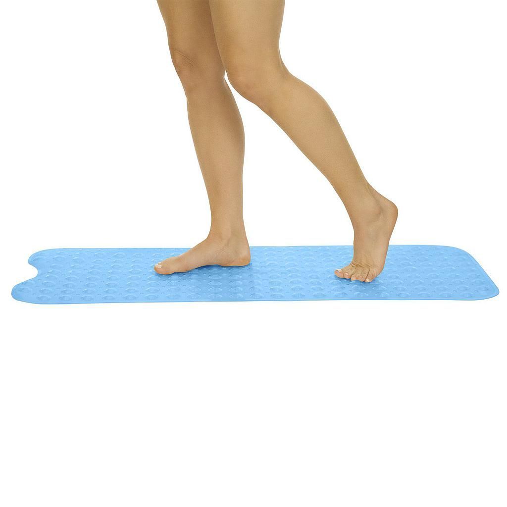 Extra-long bath mat designed to accommodate seating products so that bath seat legs stay in contact with the tub floor, suction cups attach securely to tub/shower floors to provide excellent non-slip protection.