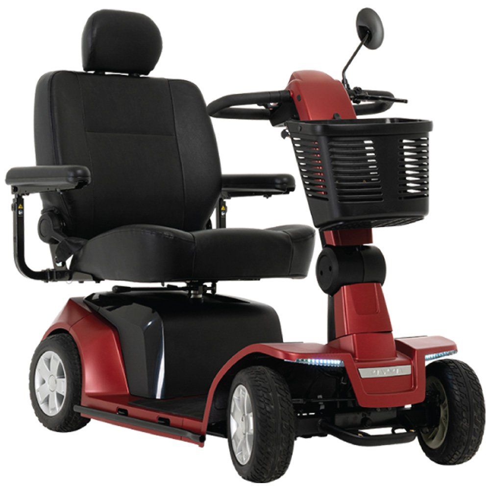 4 wheel Heavy duty electric scooter with a 500 lbs weight capacity, LED lighting, and a deluxe contoured 22” seat with armrests.