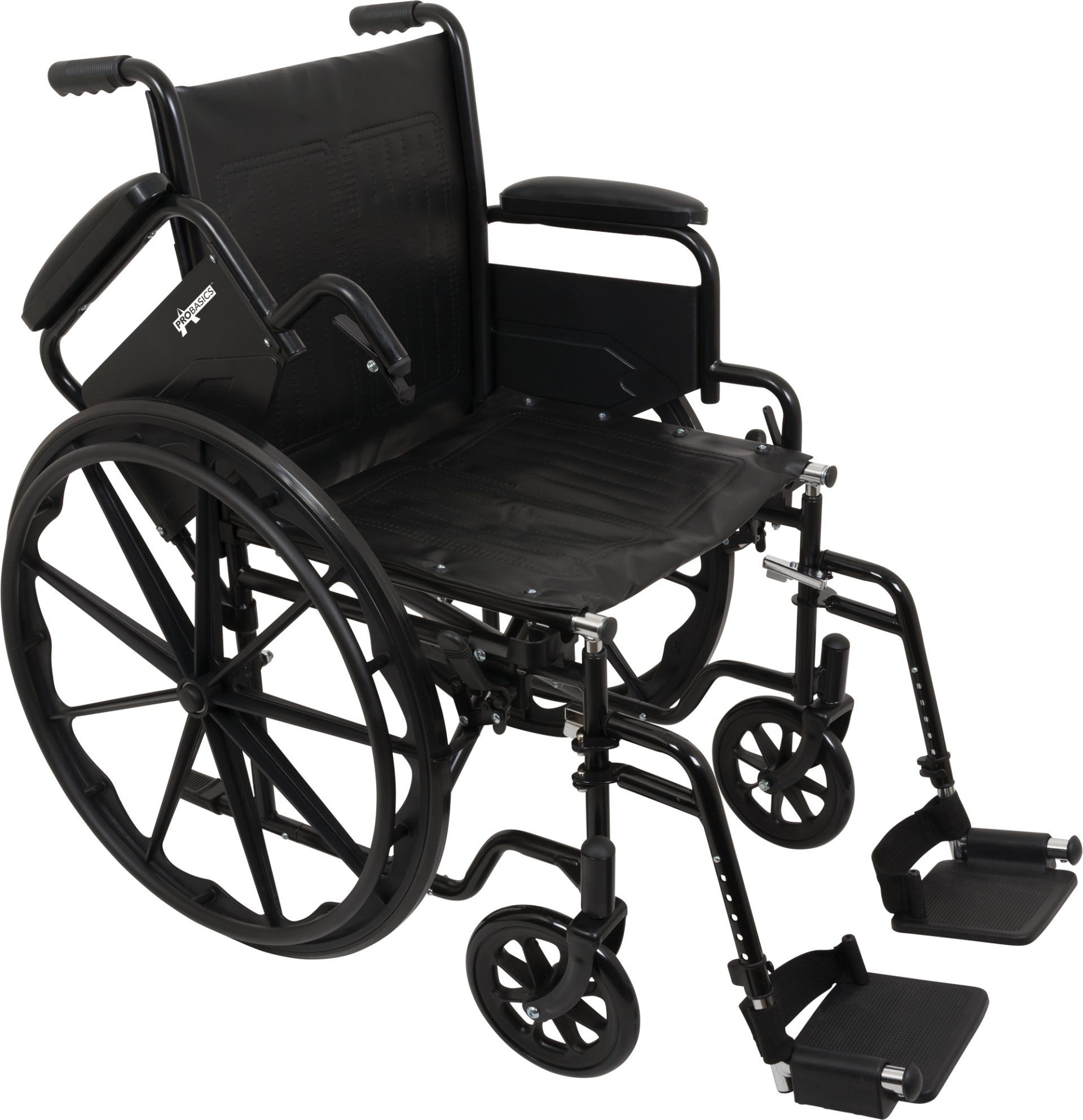 K1 lightweight wheelchair, flip back removable padded armrests, easy-to-clean vinyl upholstery, chart pocket and heel loops on front foot rests.