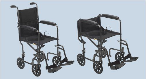 Transport chair, carbon steel frame with double-coated chrome or powder-coated finish that is attractive, chip-proof, and easy to maintain, permanent rear axle, black padded nylon upholstery is lightweight and easy to clean, comes with upholstery handles to fold chair