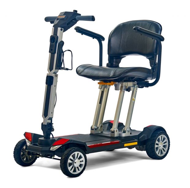 Designed for minimal storage space, Tiller & self-locking seat frame fold for a compact profile, 4-point carry handles for easy transport, 12” height when folded.