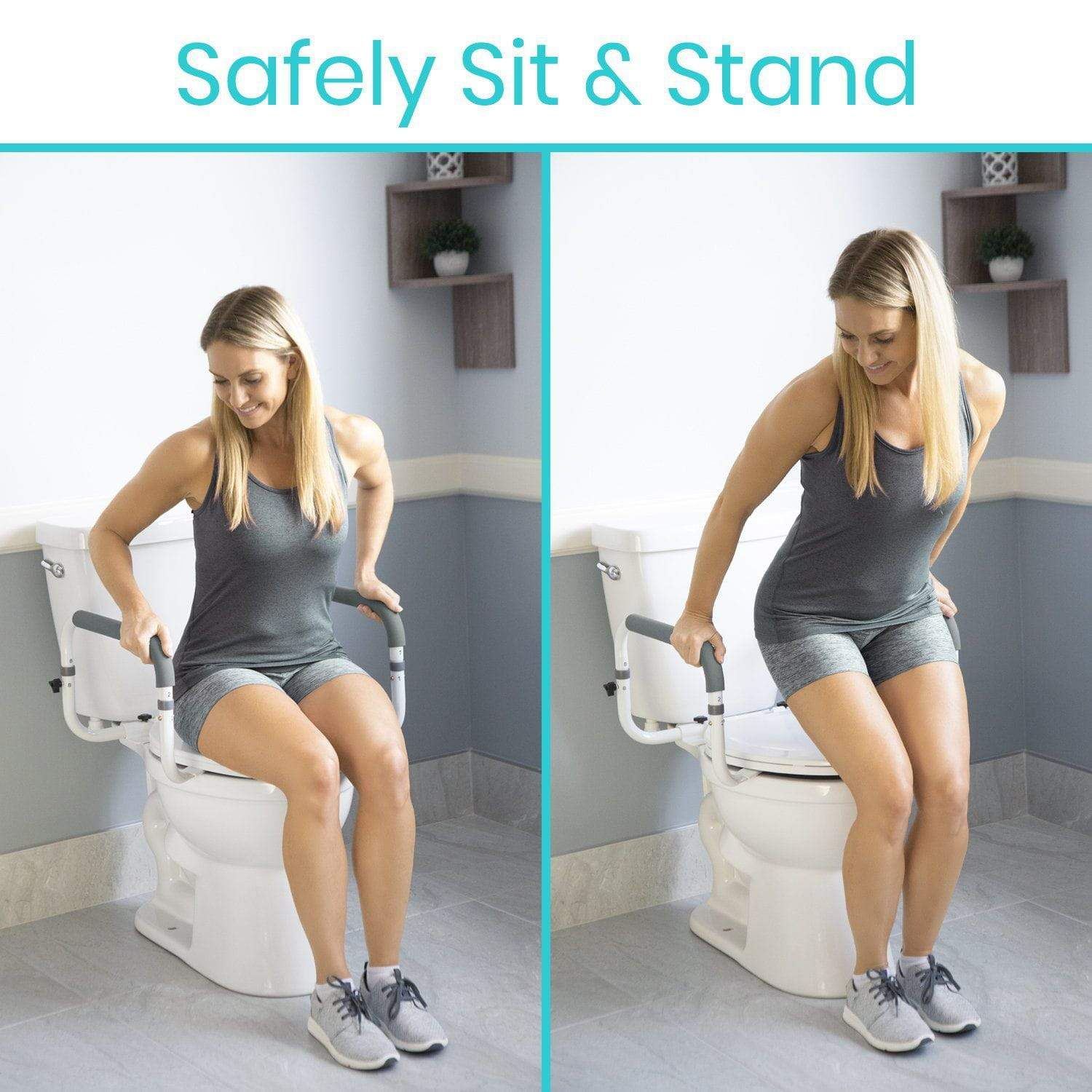 Lightweight aluminum frame and convenient adjustable height, fixated with two bolts to the toilet bowl, has rubber tips on the feet to prevent it from slipping.