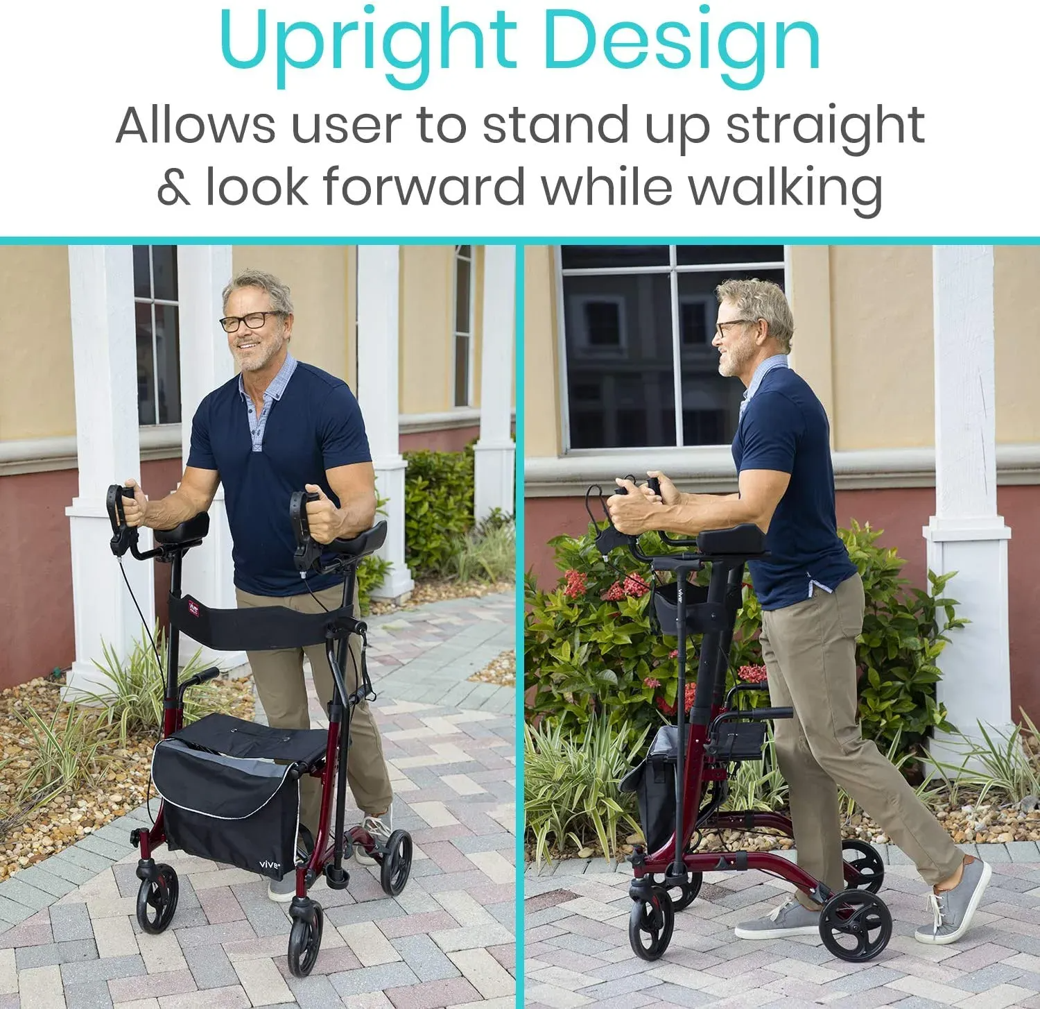 UPRIGHT WALKER, STANDING ROLLATOR WITH SEAT, SAFELY WALK UPRIGHT.
