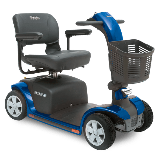 4 wheel electric scooter features one-hand feather touch disassembly, wraparound delta tiller, 300 lb. weight capacity, a per charge range up to 13 miles and a maximum speed up to 5.3 mph.