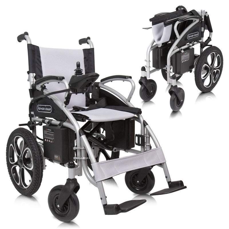 Compact electric wheelchair, folds in seconds for easy travel and storage, easy to operate with joystick speed controller, wide comfortable seat with adjustable footrests Includes battery and charging cable, limited Three-Year Guarantee.