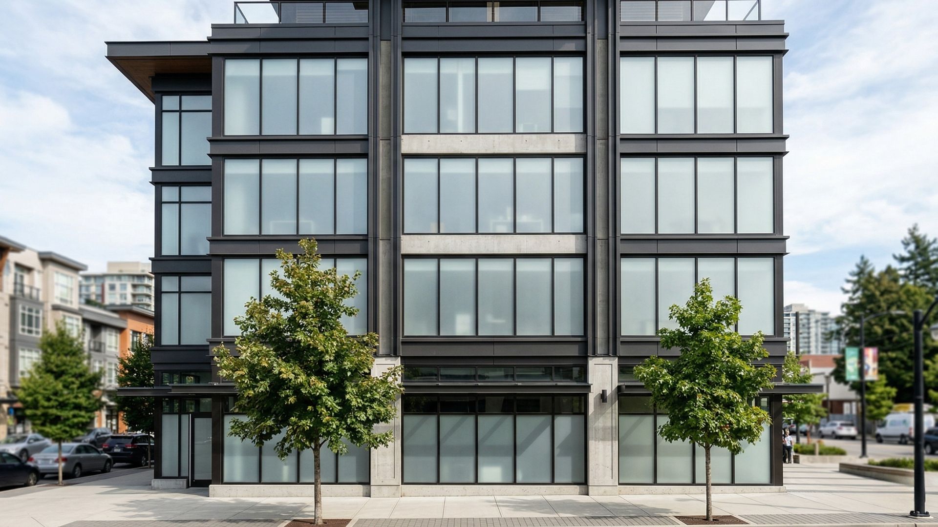 A modern, four-story building with a black frame and floor-to-ceiling glass windows, flanked by two small trees.