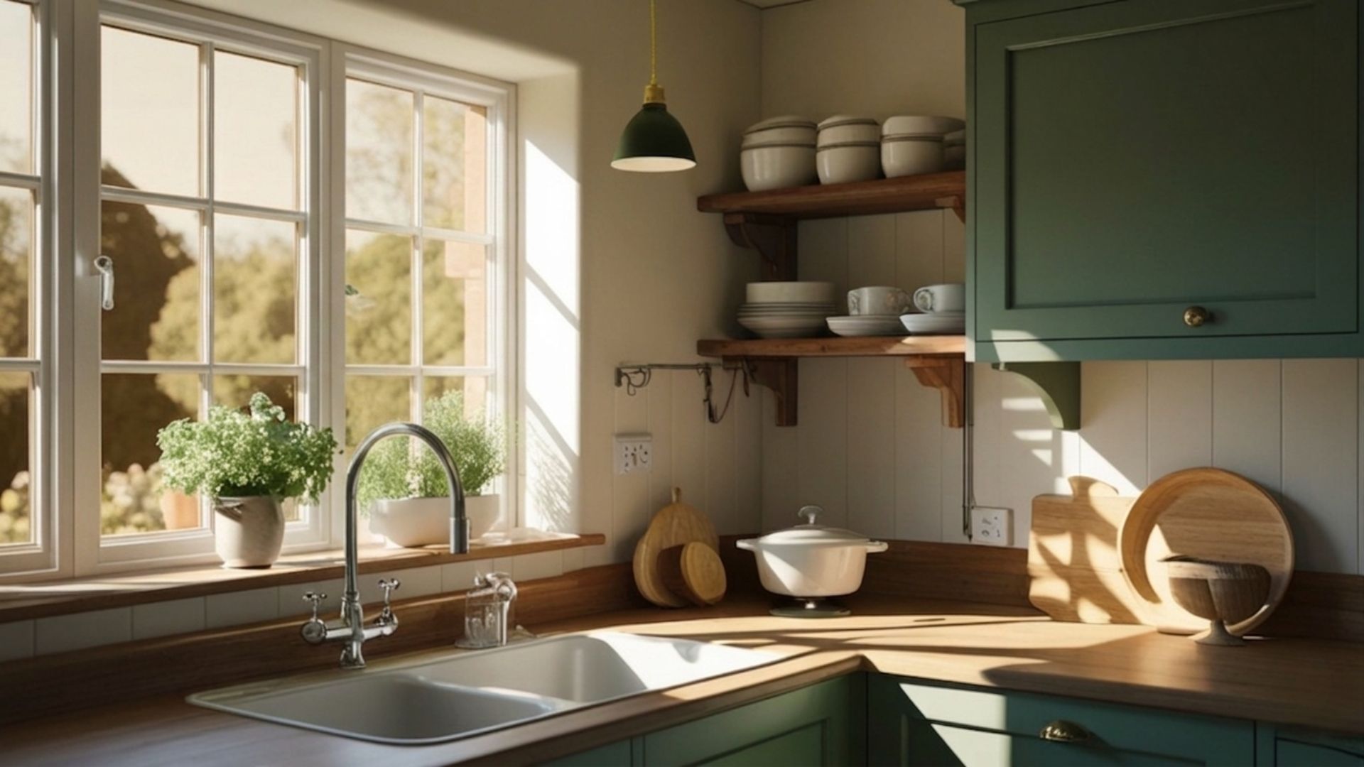 A cozy kitchen with green cabinets, a sink under a window, open wooden shelves with dishes, and warm sunlight.