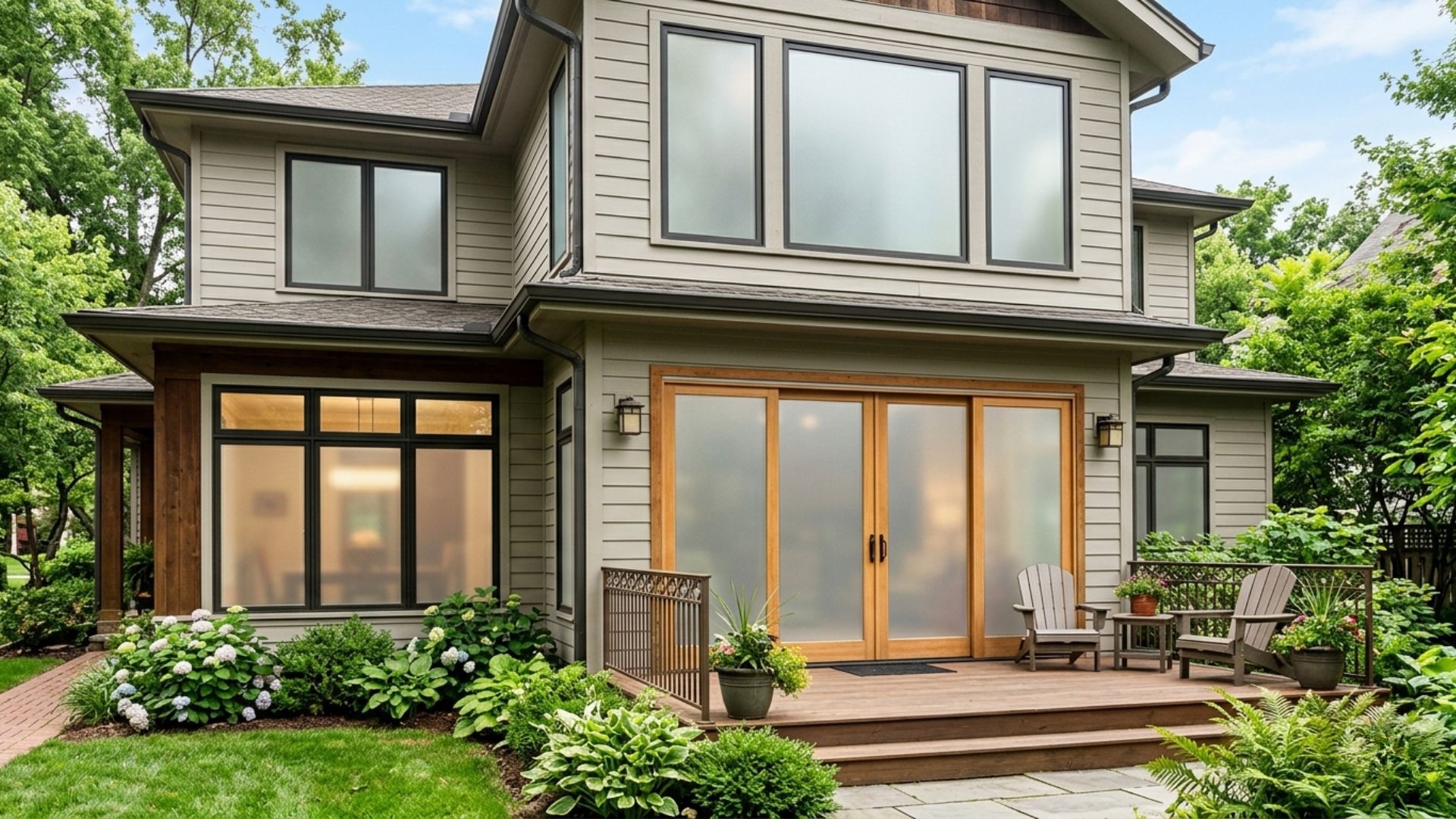 A two-story, tan-sided house with a wood deck, large glass windows, and lush green landscaping in a yard.