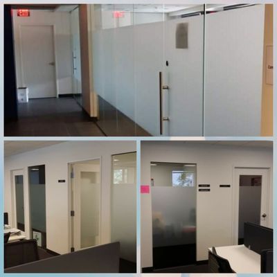 A collage showing modern office interiors with glass-walled partitions, white doors, and minimalist professional decor.