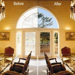 A split-screen comparison of a room interior, showing window tinting that reduces glare on the left and adds clarity.