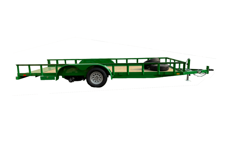 green flatbed utility trailer with side rails