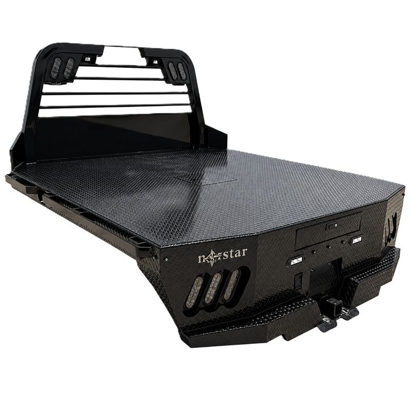 Black steel flatbed truck bed with front headache rack, shown on a white background