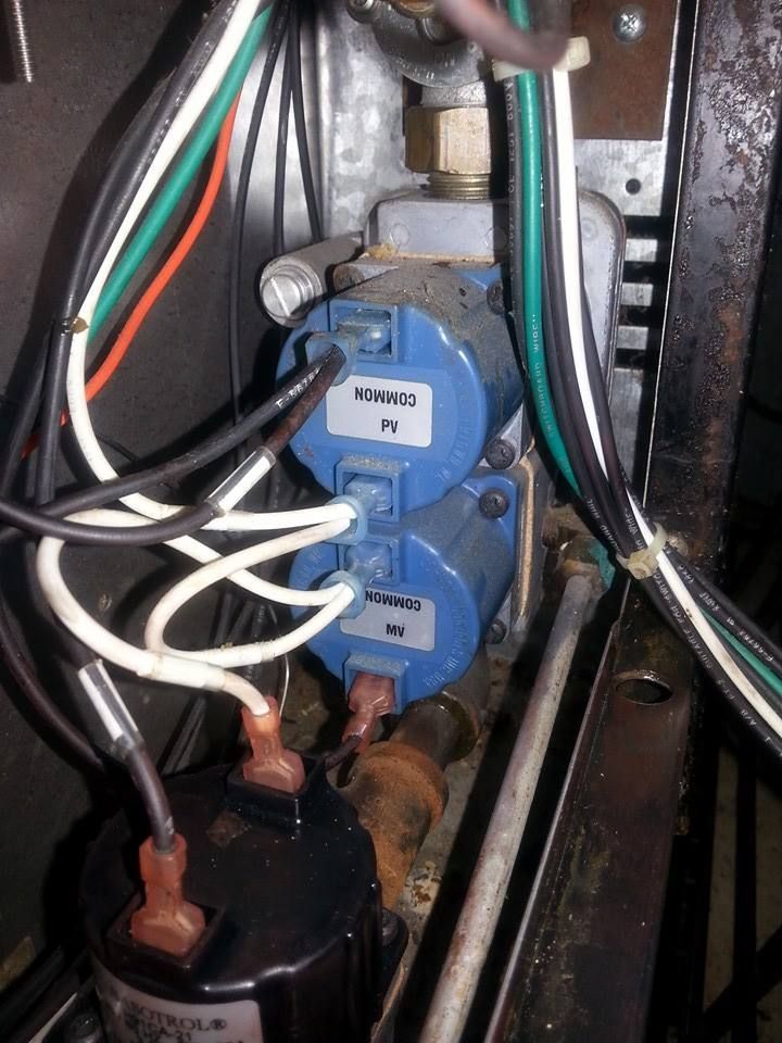 A bunch of wires are connected to a blue valve
