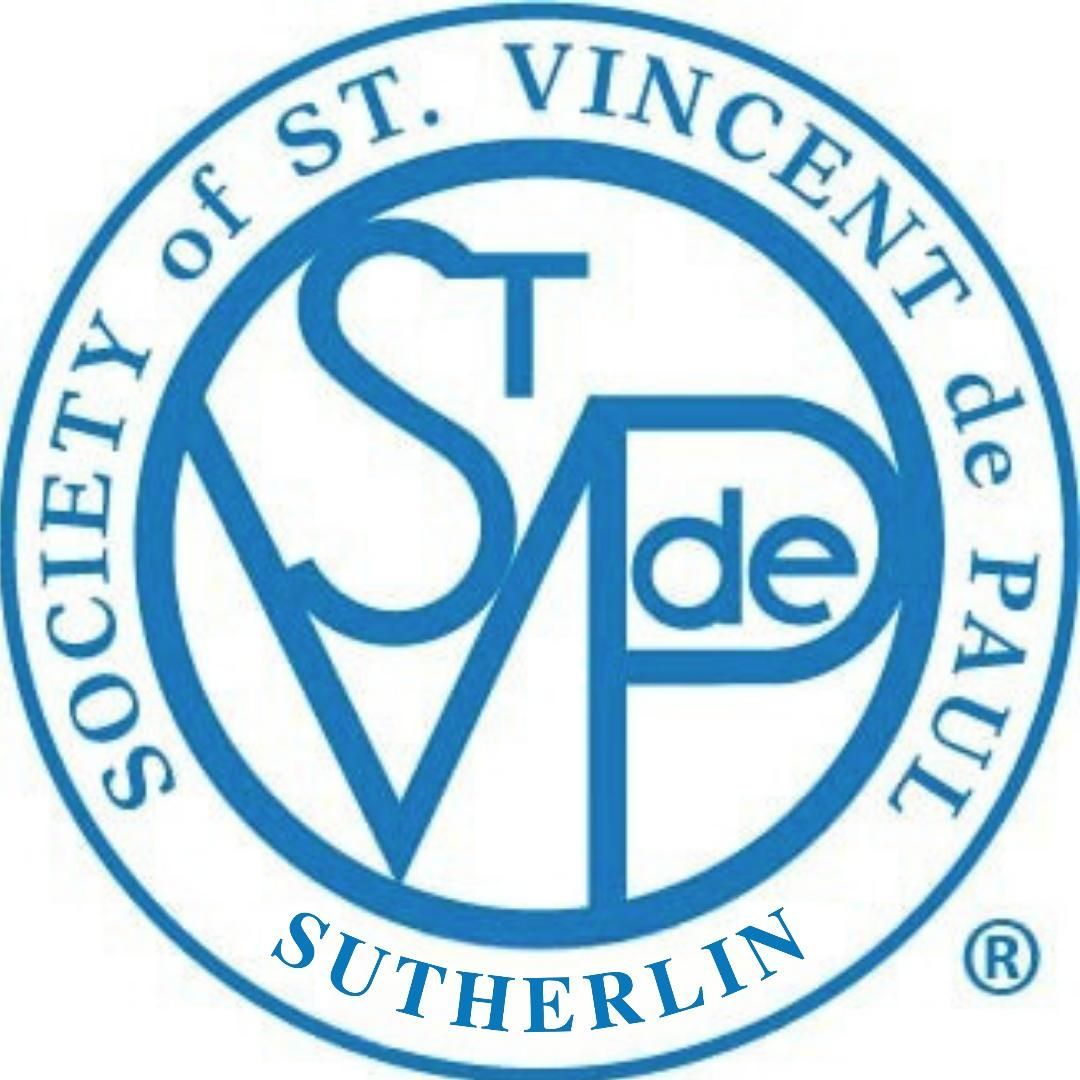 Blue circular logo for Society of St. Vincent de Paul, with “SVP” in the center. Text includes “Sutherland” and de Paul.