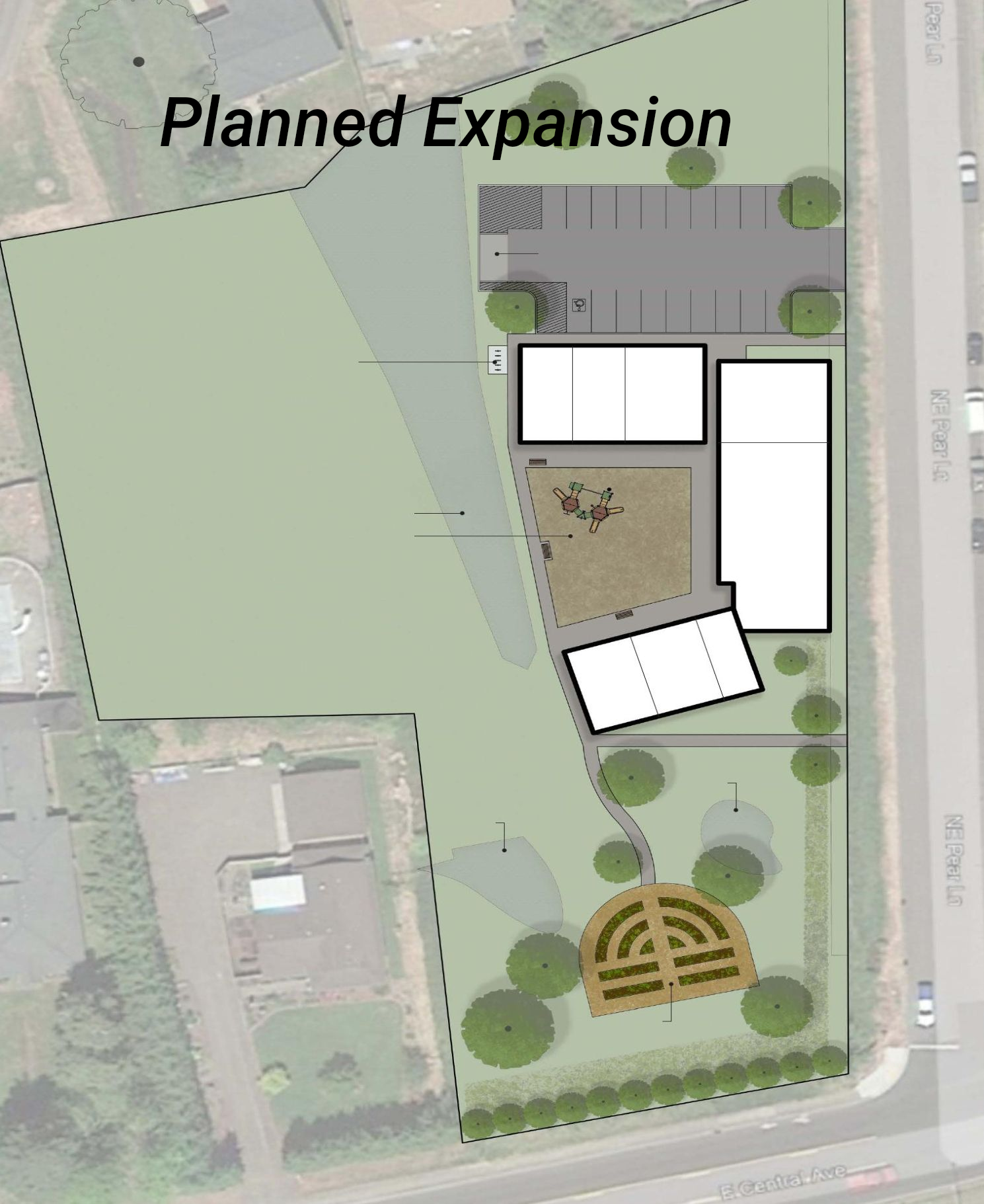 Site plan with green space, buildings (white/black), parking (gray), and a garden.