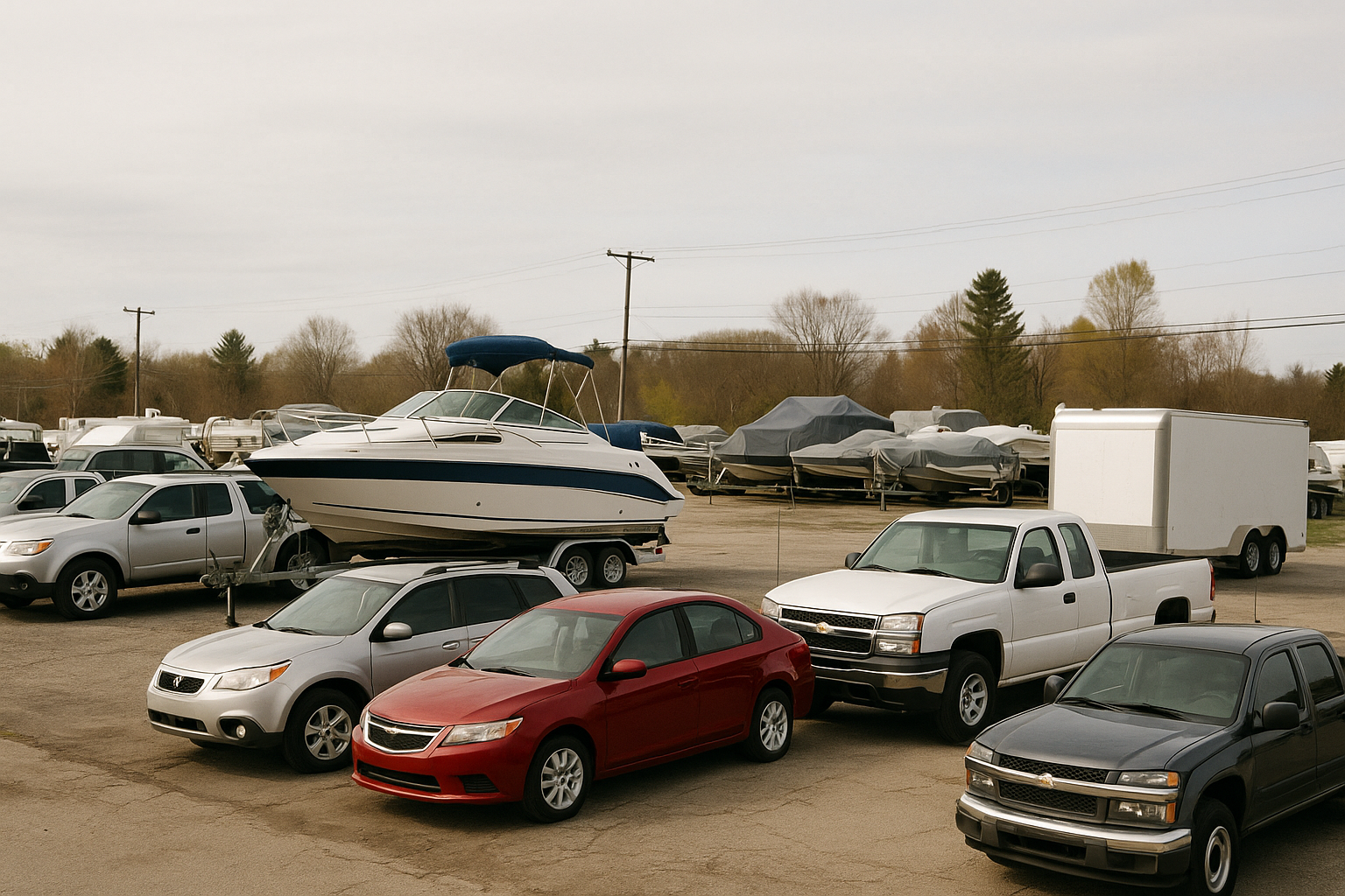 Cars and boats in a parking lot on an overcast day; a boat sits on a trailer between two vehicles.