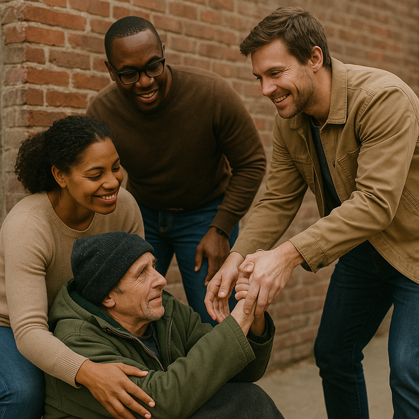 Four people helping a person experiencing homelessness. They are smiling and offer support near a brick wall.