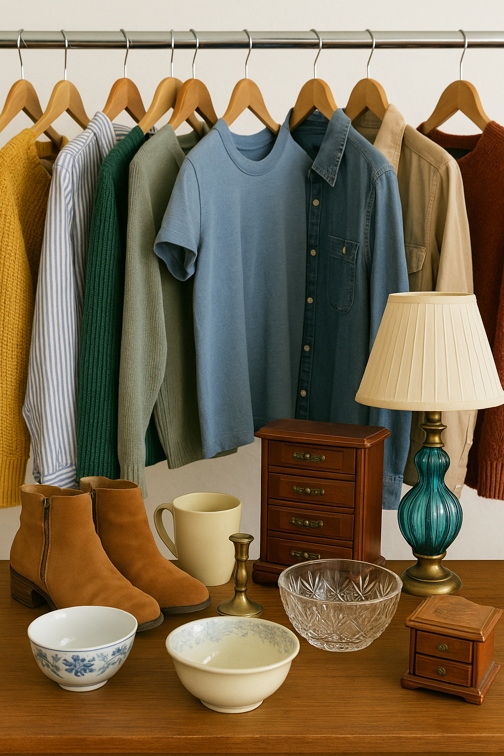 Clothes on hangers above a dresser with various items, including boots, bowls, lamp, and jewelry boxes.